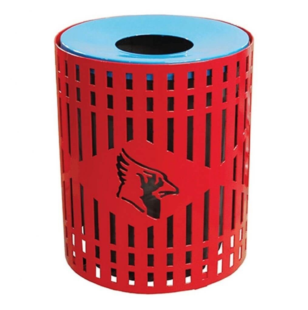 Red perforated steel indoor trash can with custom cutout logo, commonly used in schools and educational facilities.